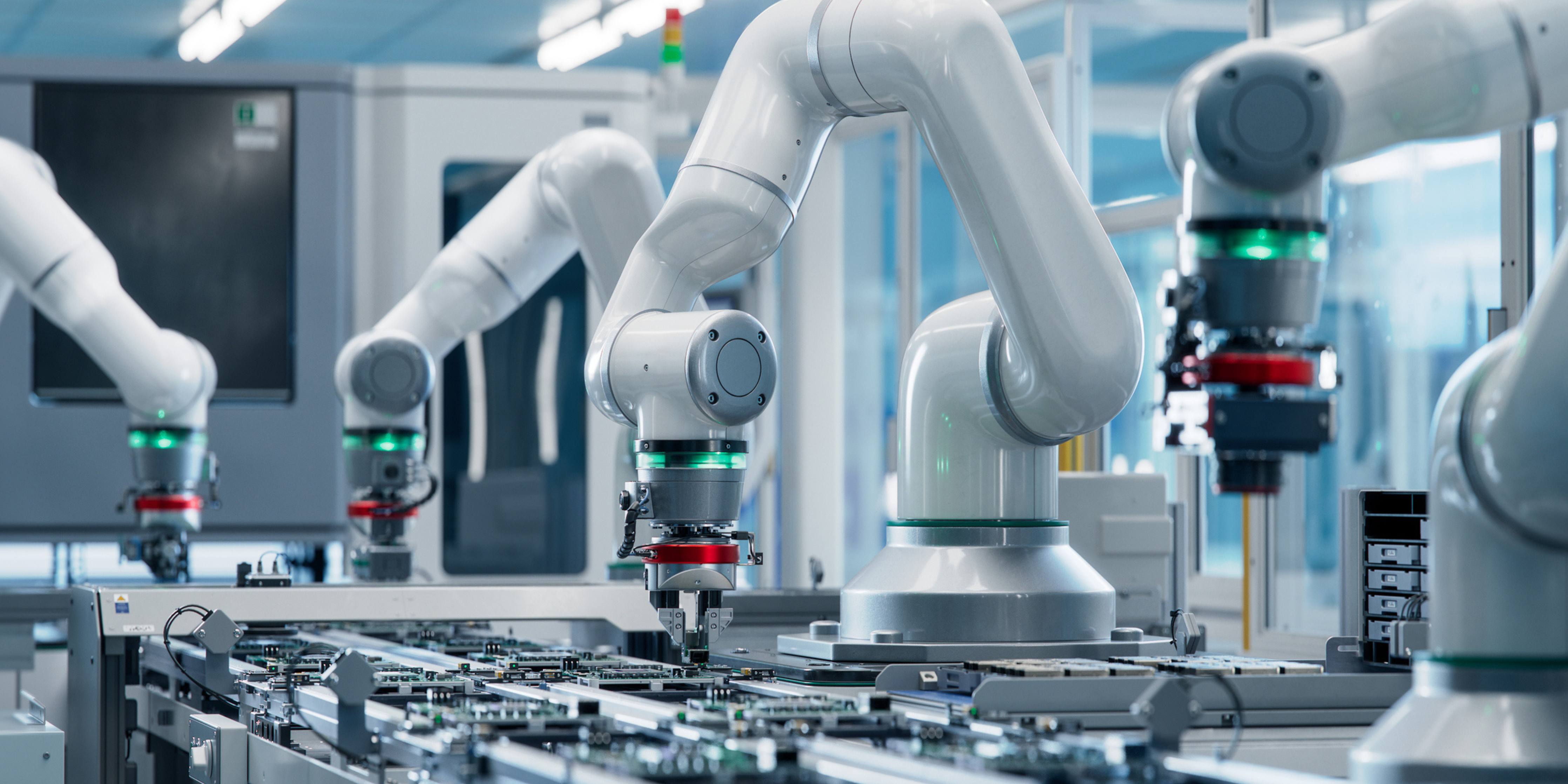 Advanced High Precision Robot Arm inside Bright Electronics Factory.