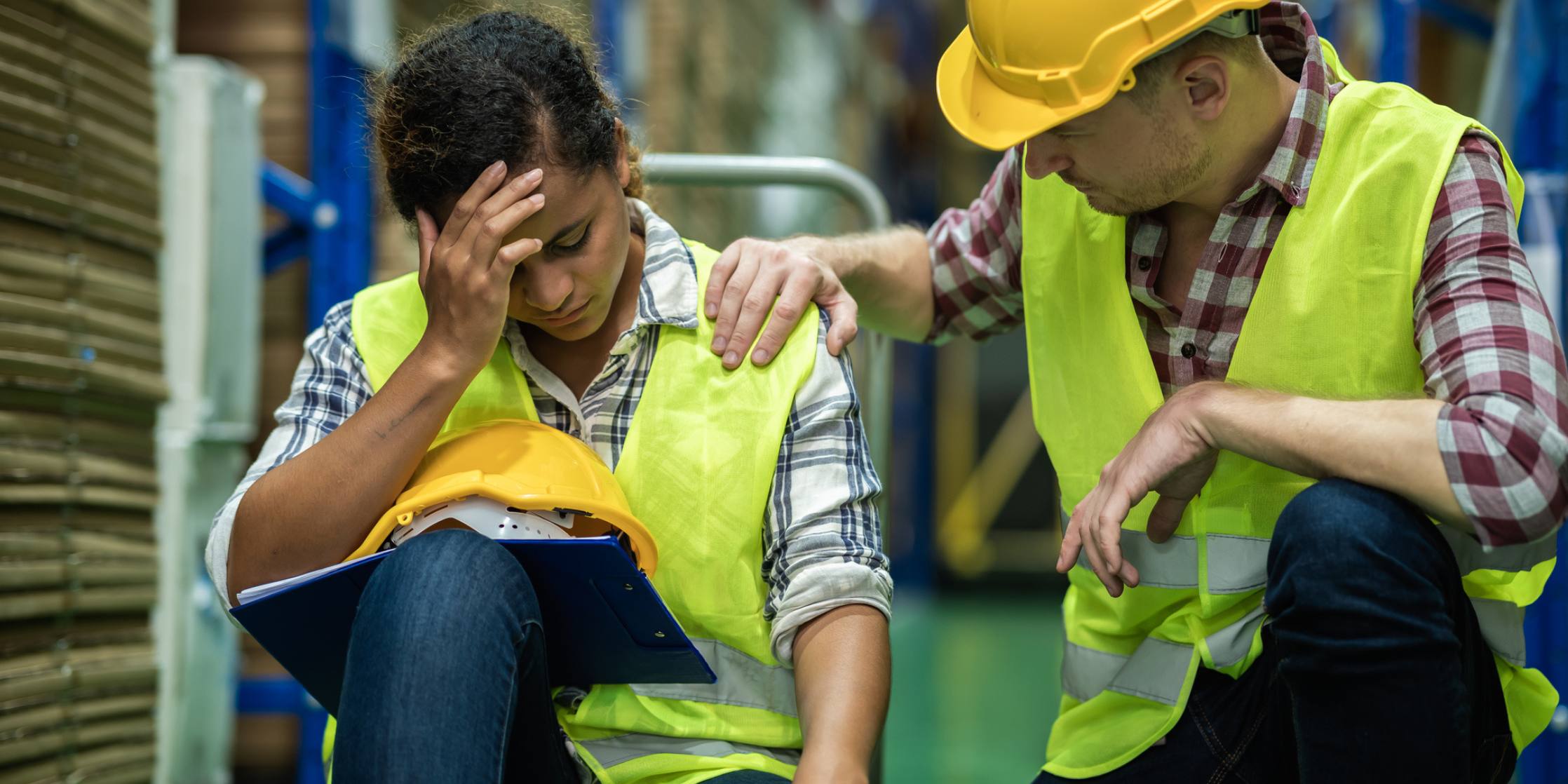 Two warehouse workers, one comforting the other