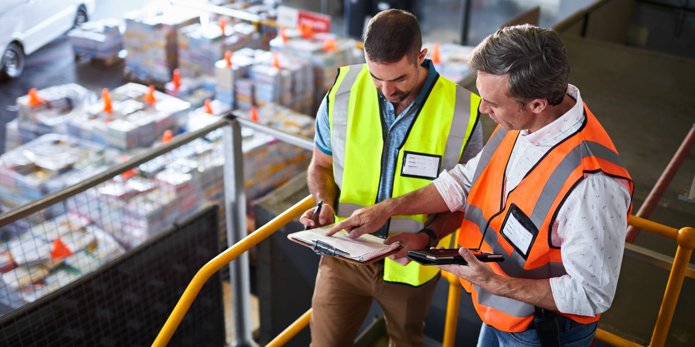 Two workers in a warehouse, one using a tablet and the other holding a phone, with shelves and products in the background.