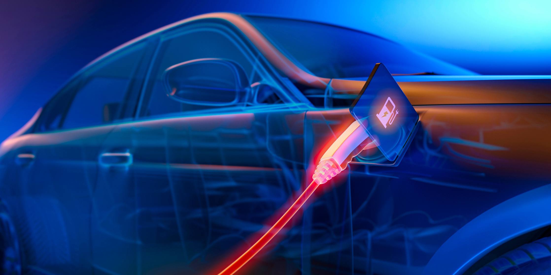 Illustration of an electric vehicle with charger plugged in. The plug is red to indicate the flow of power. 
