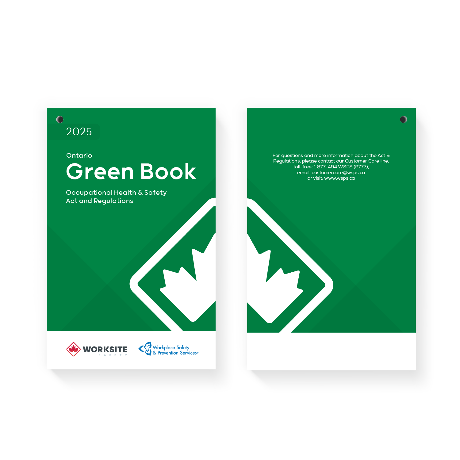 Two copies of the 2025 Green book, side by side. One with the front cover facing up and one with the back cover facing up. 