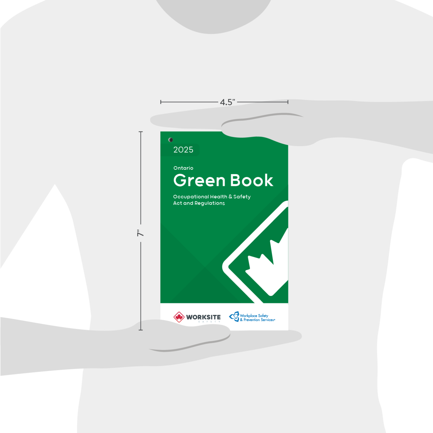 An illustration of a person holding a copy of the 2025 Green book to demonstrate the size of the book. The book is 4.5 inches by 7 inches. 