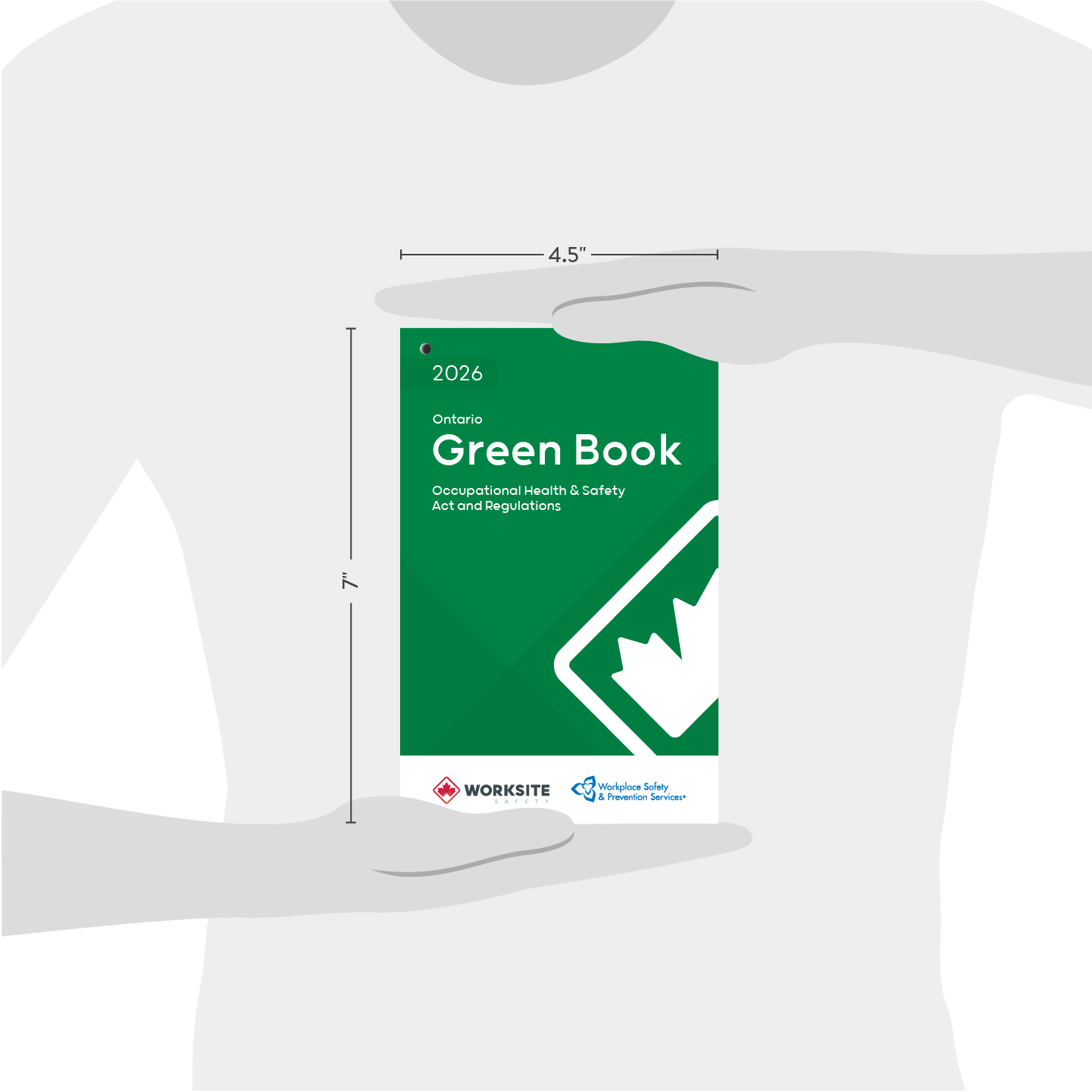 Green book with 'Ontario Green Book' text held by a hand, showing dimensions.