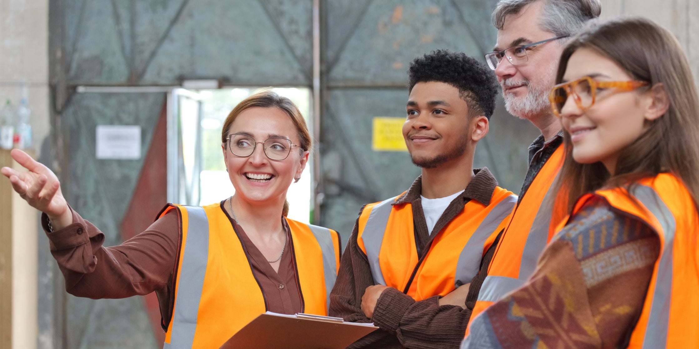 Four people wearing bright orange high-visibility safety vests stand together in an industrial or construction setting. Two women and two men are visible from the waist up, smiling and gesturing, with one person holding a clipboard.