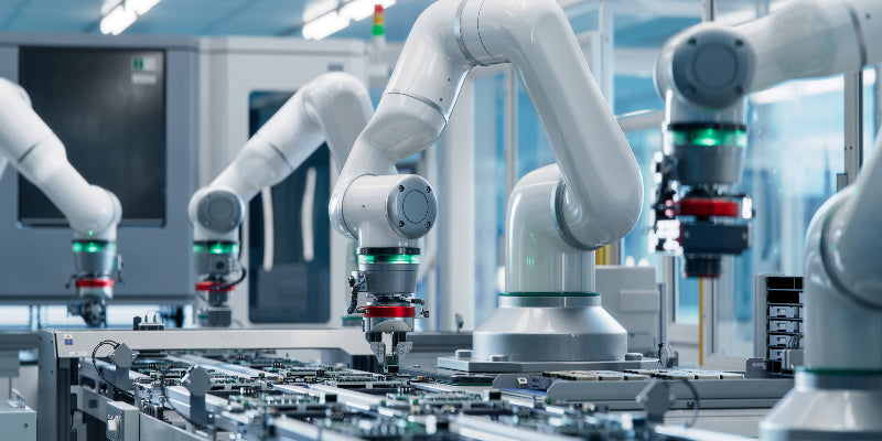 Advanced High Precision Robot Arm inside Bright Electronics Factory. 