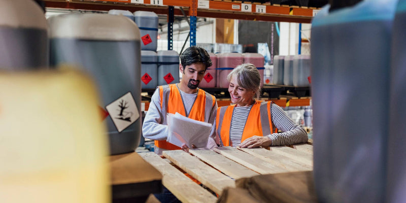 Image of two people wearing safety vests standing in a warehouse by a skid