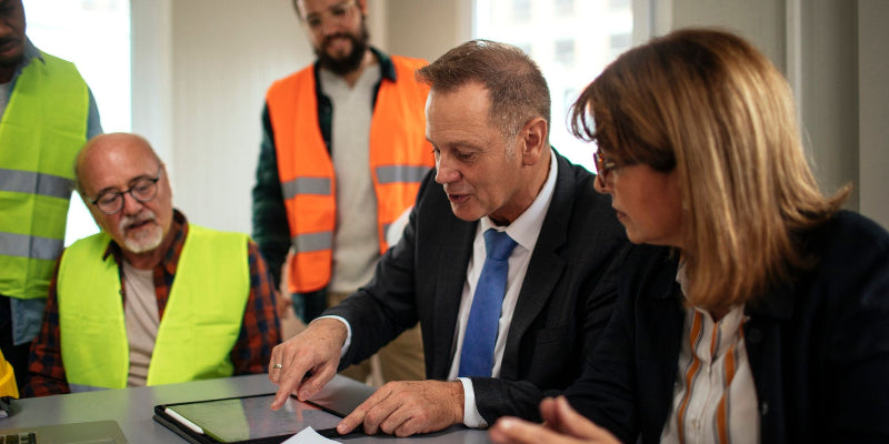 a meeting with the team in an office at a construction site