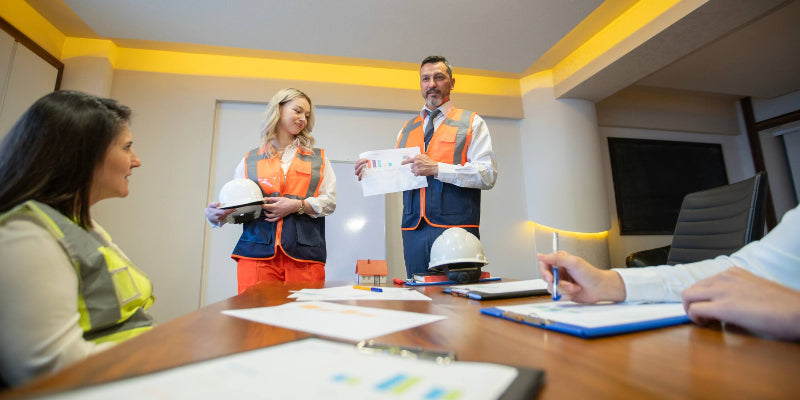 two engineers wearing reflective vests are standing in front of the conference table. They are holding a white hard hat and discussing it. There are engineers sitting around the table, listening to them.