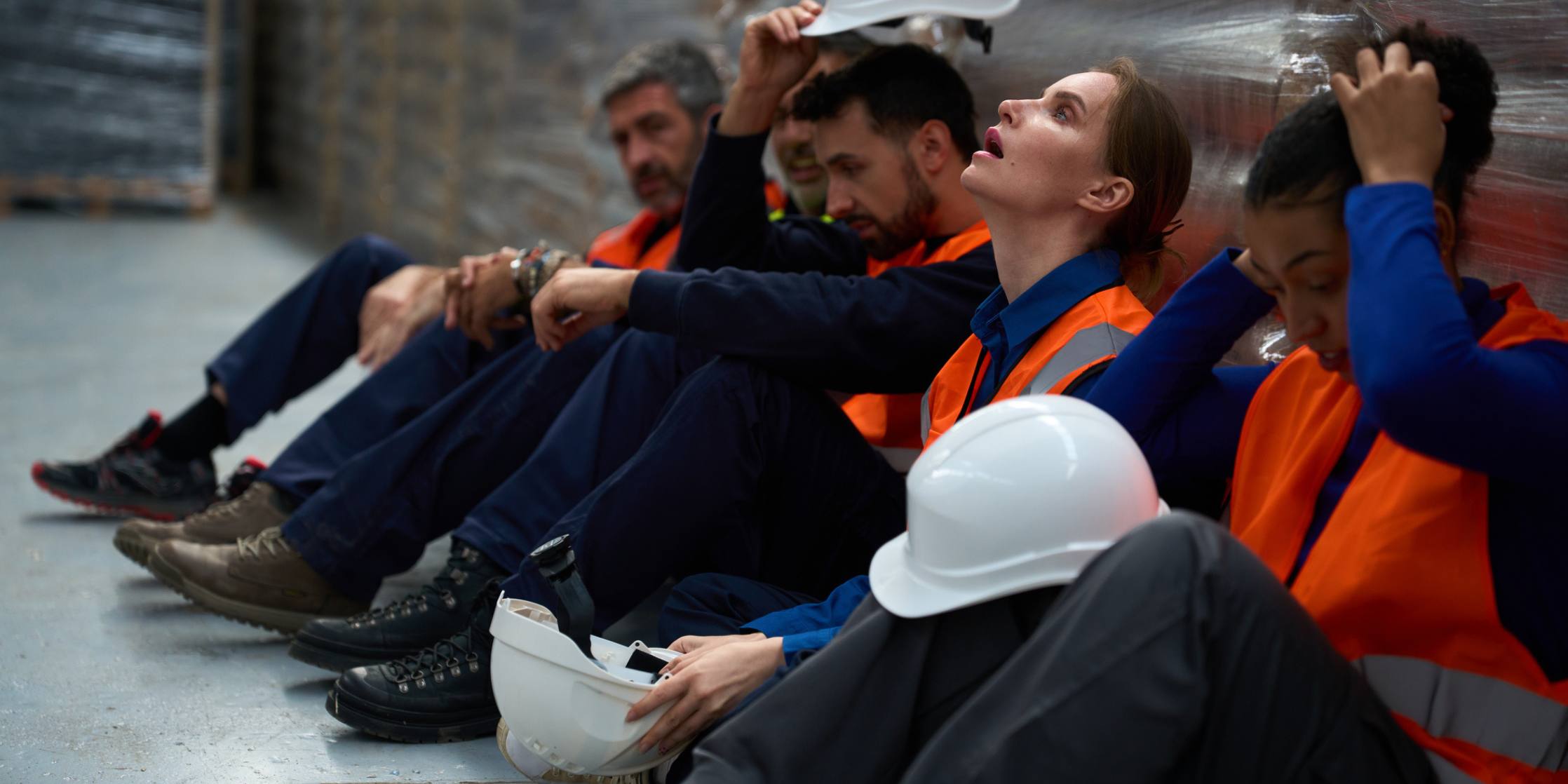 Group of workers in high-visibility clothing sitting on a floor.