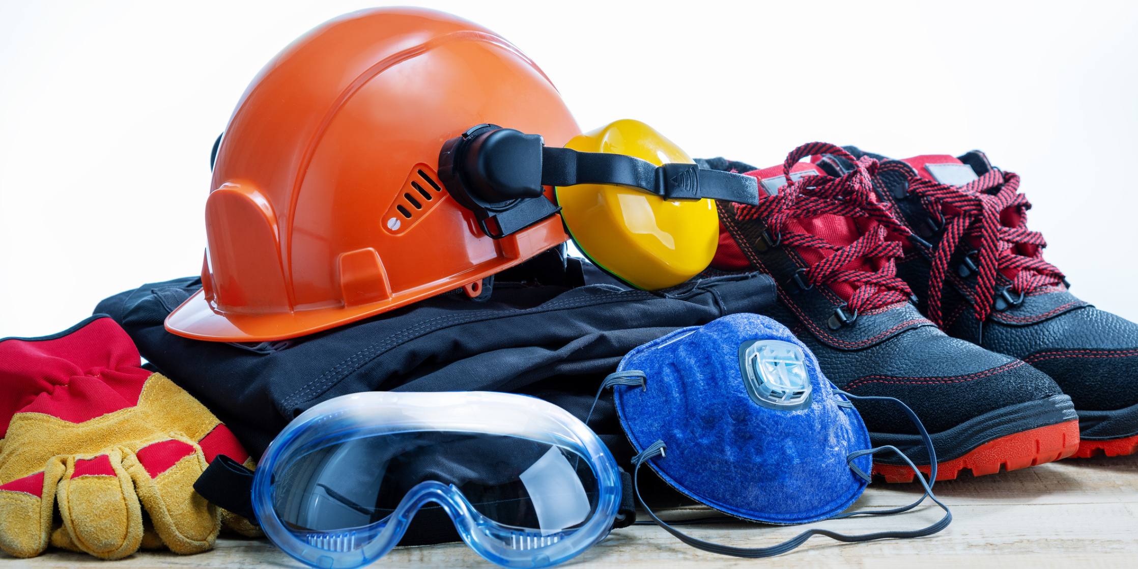 Construction safety gear including a hard hat, gloves, boots, goggles, and a face mask on a white background.