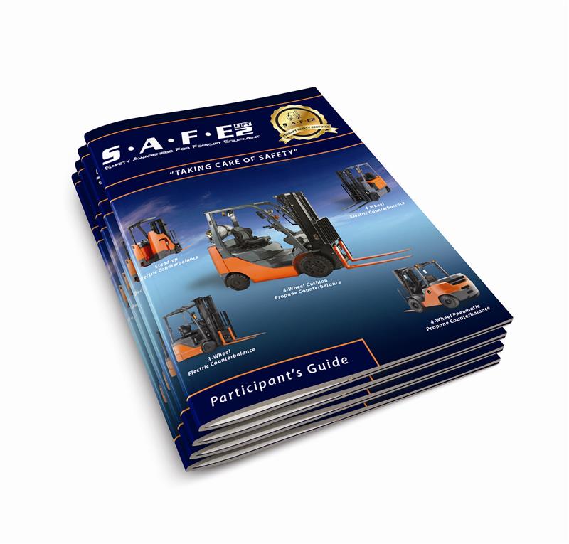 A stack of blue Participant's Guides for the SAFE-Lift 2 Counterbalance training program, featuring images of forklifts on the cover.