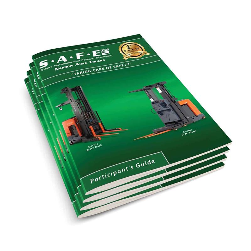 A stack of green Participant's Guides with the title 'SAFE-Lift 2 Narrow Aisle' displayed on the cover, indicating a focus on safe operation of narrow aisle trucks.