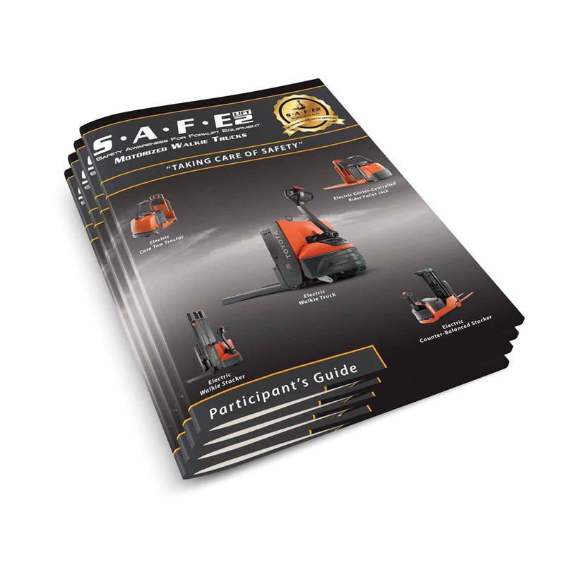 A pack of 5 Participant's Guides for the SAFE-Lift 2 Motorized Walkie Truck, featuring orange and black cover design with text and graphics related to truck operation.