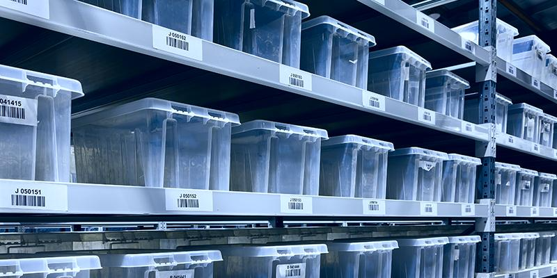 Image of plastic storage bins stored on shelves